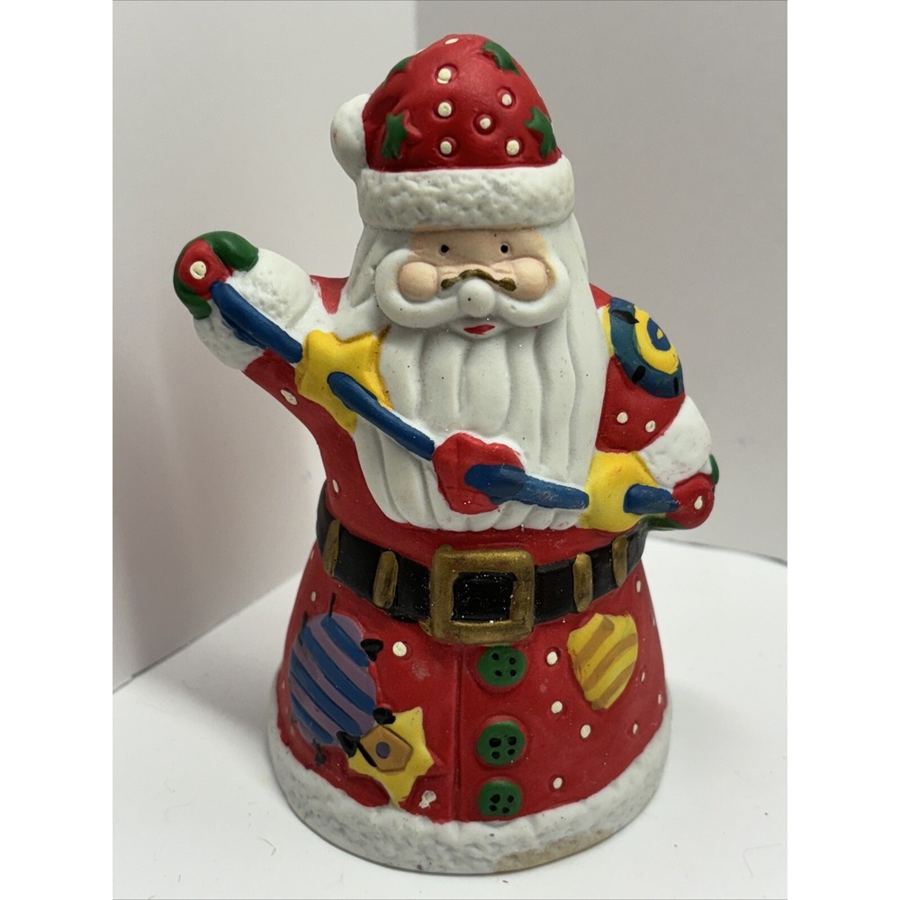 Vintage Patchwork Santa Bell Porcelain Hand Painted Holiday Christmas Decor 5"